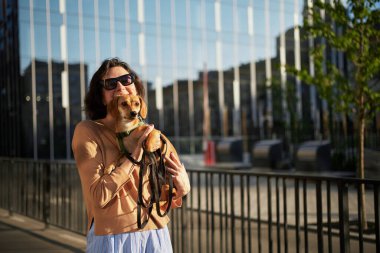 Öpüşen köpek yavrusu sevimli kırmızı köpek dostça yaklaşan gözleri kapayan komik hayvanlar. Yüksek kalite fotoğraf