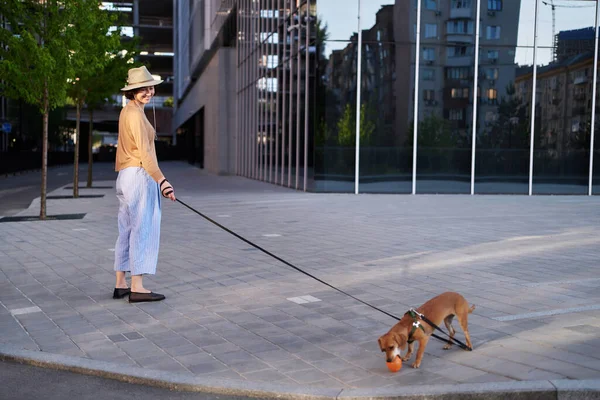 Молодая Взрослая Женщина Городе Собакой Сидящей Обнимающейся Улыбающейся Ласкать Собаку — стоковое фото
