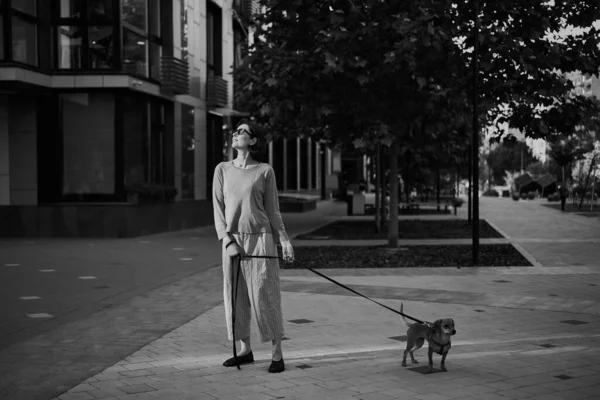 小さな生姜犬と若いかなりの女性の大人は 双方向市内を歩く楽しみを持っています シティビュー 高品質の写真 — ストック写真