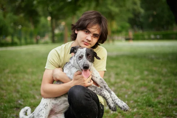 Outdoor Portrait Boy His Adopted Dog Friendship Teenager Pet Boy — Stock Photo, Image