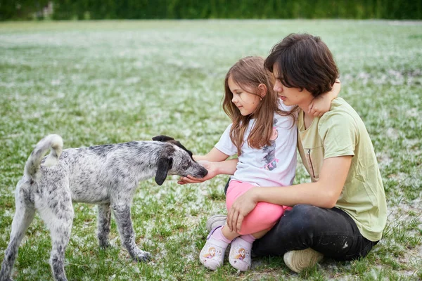 Suporte Cuidado Família Feliz Mulher Crianças Unindo Com Filhote Cachorro — Fotografia de Stock