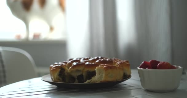 Домашній Ясний Пиріг Ясне Тісто Свіже Приготоване Тарілці Столі Може — стокове відео
