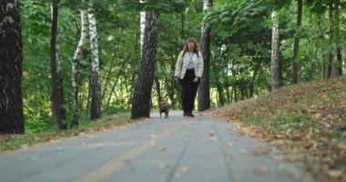 Genç bir kadın sonbahar parkında sevimli bir köpekle yürüyor. Sonbahar ceketi giyen bayan gülümsüyor ve havanın tadını çıkarıyor. Yüksek kalite 4k görüntü