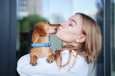 Veteriner kliniğinin girişinde öpüşen ve köpeği tutan genç bir veteriner. Sağlıklı köpek, teşhis, evcil hayvan tedavisi. Yüksek kalite fotoğraf