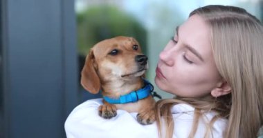 Veteriner kliniğinin girişinde gülümseyen ve köpeği tutan genç bir veteriner. Sağlıklı köpek, teşhis, evcil hayvan tedavisi. video görüntüleri 4k