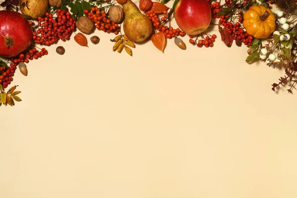 Frame of autumnal fruits, vegetables, berries and leaves