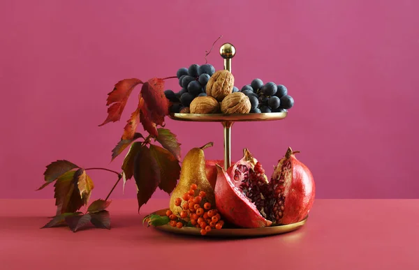 Vase Autumnal Fruits Nuts Purple Background — Stock Photo, Image