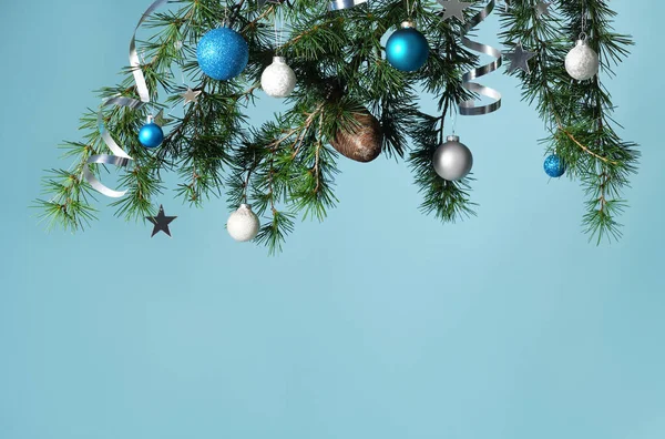 Pine Branch Blue White Baubles Light Blue Background — Stock Photo, Image