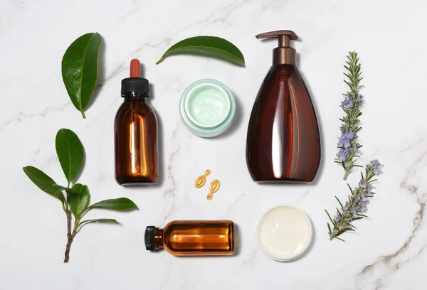 Arrangement Skin Care Products Leaves Rosmary Flowers — Stock Photo, Image