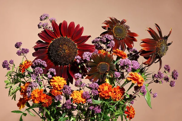 Gyönyörű Csokor Sötét Napraforgóval Narancs Ibolya Virágokkal — Stock Fotó