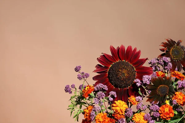 Bellissimo Bouquet Con Girasoli Scuri Fiori Arancioni Viola — Foto Stock