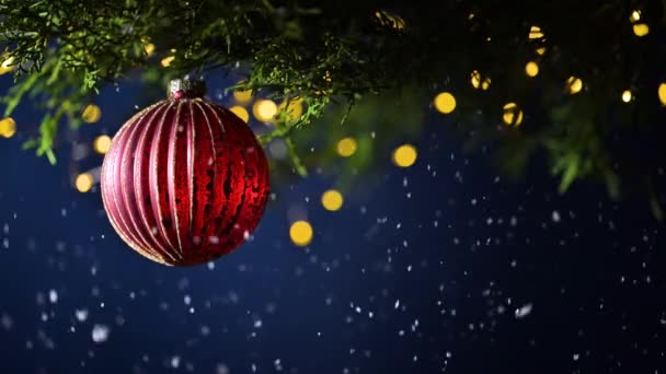Ramo Dell Albero Natale Con Bagattelle Rosse Luci Scena Neve — Video Stock