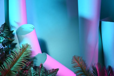 Tropikal yaprakları ve kağıt ruloları olan floresan arkaplan