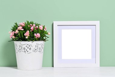 Beyaz çerçeveli tatil arkaplanı ve pembe karanfilli çömlek