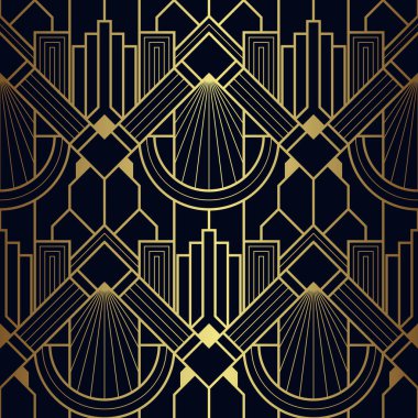 Vektör modern geometrik fayans deseni. Altın şekilli lacivert bir lüks. Soyut sanat deco dikişsiz arkaplan.