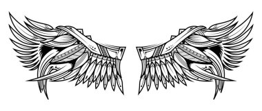 Soyut Dövme kanatları. Vektör illüstrasyonu dövme, hippi tişörtü tasarımı, klasik tarz posterler için izole grafik çizimi.