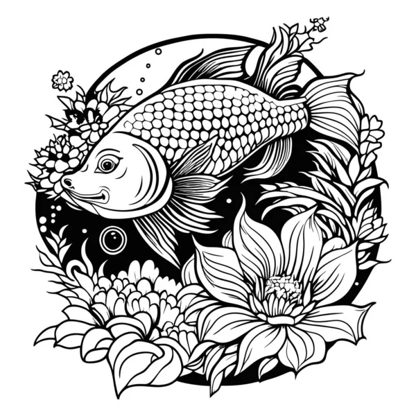 美丽的线条鱼和花纹身设计 纹身线艺术风格 矢量说明 — 图库矢量图片