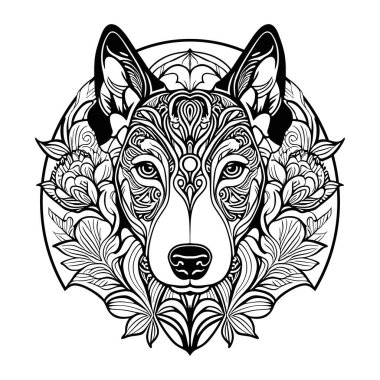 Siyah ve beyaz köpek kafası boyama sayfaları. Yetişkinlerin mandala köpek çizimleri için boyama sayfası.