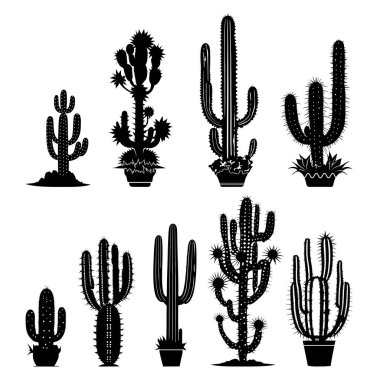 Siyah kaktüsler beyaz arka plandaki tencerelerde izole edilmiş. Etiket el çizimi seti. vektör illüstrasyonu.