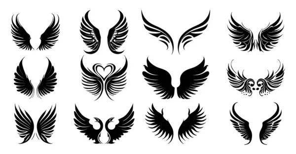 Sada Různých Vektorových Křídel Tetování Izolované Bílém Pozadí Ikony Černých Royalty Free Stock Ilustrace
