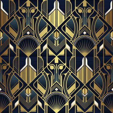 Vektör modern geometrik fayans deseni. Altın şekilli lacivert bir lüks. Soyut sanat deco dikişsiz arkaplan.