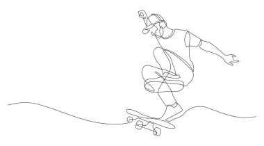 Kaykay oynayan bir adamın durmaksızın çizdiği çizgi. Kaykaycı bir çizgi çiziyor. El çizimi sanat vektörü çizimi beyaz arkaplanda izole edildi.