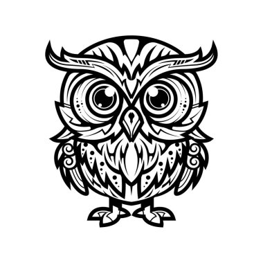 Baykuş aşiret dövmesi. Siluet çizimi. İzole edilmiş soyut hayvan unsuru.