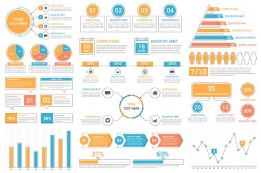Infographic elements - bar and line charts, percents, pie charts, steps, options, timeline, people infographics, vector eps10 illustration