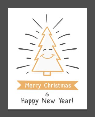 Christmas card with hand drawn smiling Christmas tree, vector eps10 illustration