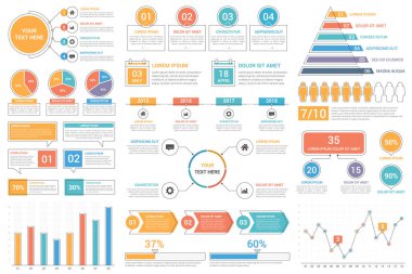 Infographic elements - bar and line charts, percents, pie charts, steps, options, timeline, people infographics, vector eps10 illustration