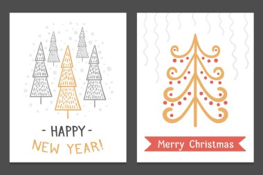Christmas cards with hand drawn Christmas trees, vector eps10 illustration