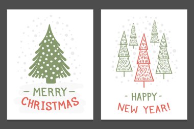 Christmas cards with hand drawn Christmas trees, vector eps10 illustration