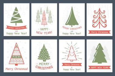 Set of 8 Christmas cards with hand drawn Christmas trees, vector eps10 illustration