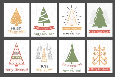 Set of 8 Christmas cards with hand drawn Christmas trees, vector eps10 illustration