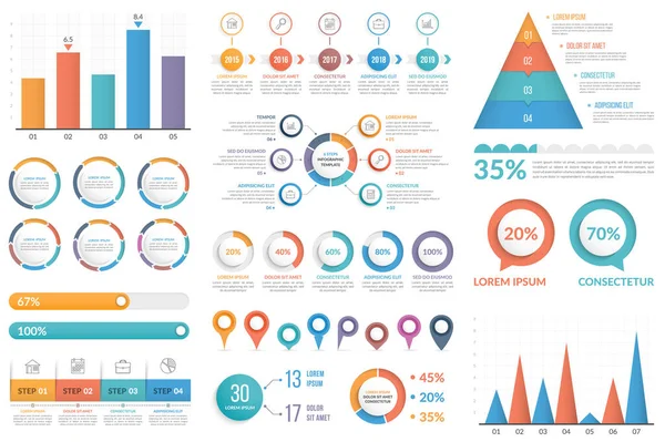 Set of infographic elements - bar chart, pyramid chart, circle diagram, timeline, steps and options, vector eps10 illustration