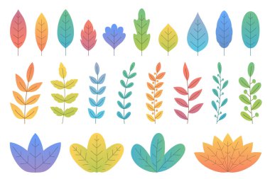 Colorful gradient leaves and trees, bushes and branches, white background, vector eps10 illustration