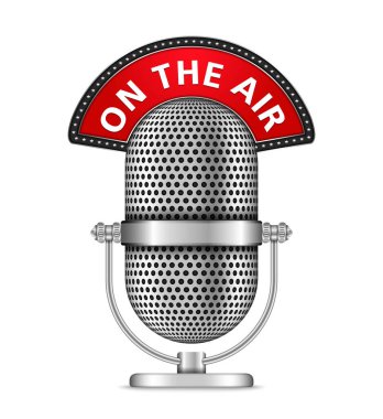 Retro microphone with on the air banner, white background, vector eps10 illustration