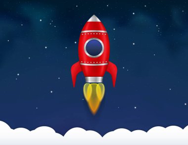 Red rocket on the background of night sky with stars, vector eps10 illustration
