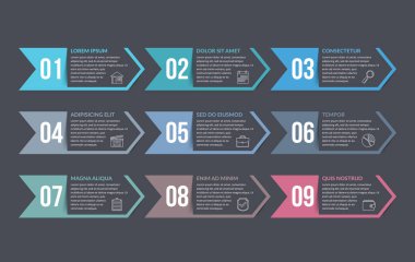 Set of nine arrows with numbers with place for your text, can be used as steps, options, process design, workflow, vector eps10 illustration