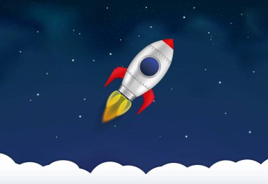 Rocket flying in space with stars, vector eps10 illustration