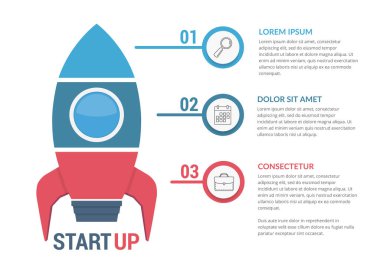StartUp infographics with rocket divided on three elements with icons, numbers and text, vector eps10 illustration