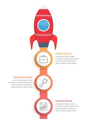 Roket ve üç adım veya seçenek içeren bilgi grafiklerini başlat, vektör eps10 illüstrasyonu