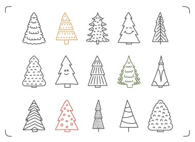 15 El Noel ağacı çizdi, Noel tebrik kartları için köknar ağaçları karaladı, ambalaj tasarımı vs. Tatil dekorasyon unsurları, vektör eps10 illüstrasyon