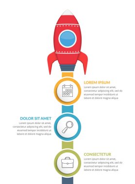 Roket ve üç adım veya seçenek içeren bilgi grafiklerini başlat, vektör eps10 illüstrasyonu