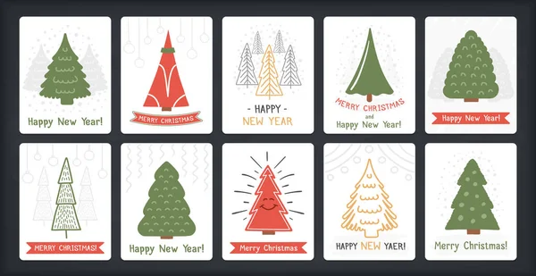 Set Von Weihnachtskarten Mit Handgezeichneten Weihnachtsbäumen Vektor Eps10 Illustration — Stockvektor