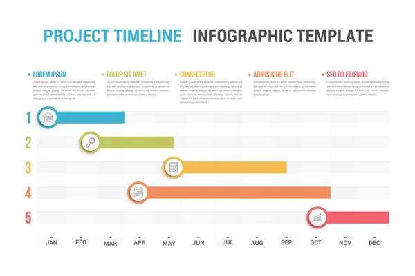 Gráfico Gantt Línea Tiempo Del Proyecto Con Cinco Etapas Plantilla — Archivo Imágenes Vectoriales