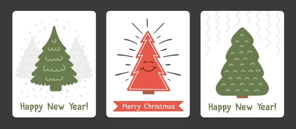 Drei Weihnachtskarten Mit Handgezeichneten Weihnachtsbäumen Vektor Eps10 Illustration — Stockvektor