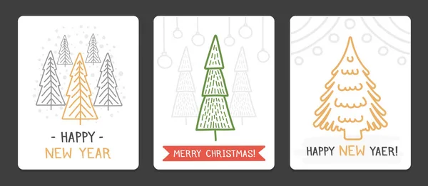 Drei Weihnachtskarten Mit Handgezeichneten Weihnachtsbäumen Vektor Eps10 Illustration — Stockvektor