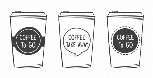 Trois Tasses Café Emporter Dessinées Main Style Doodle Illustration Vectorielle — Image vectorielle