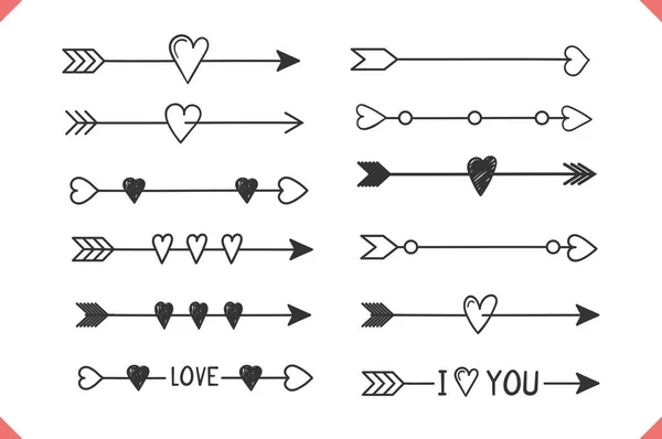 Frecce Disegnate Mano Con Cuori Elementi Design San Valentino Matrimonio — Vettoriale Stock